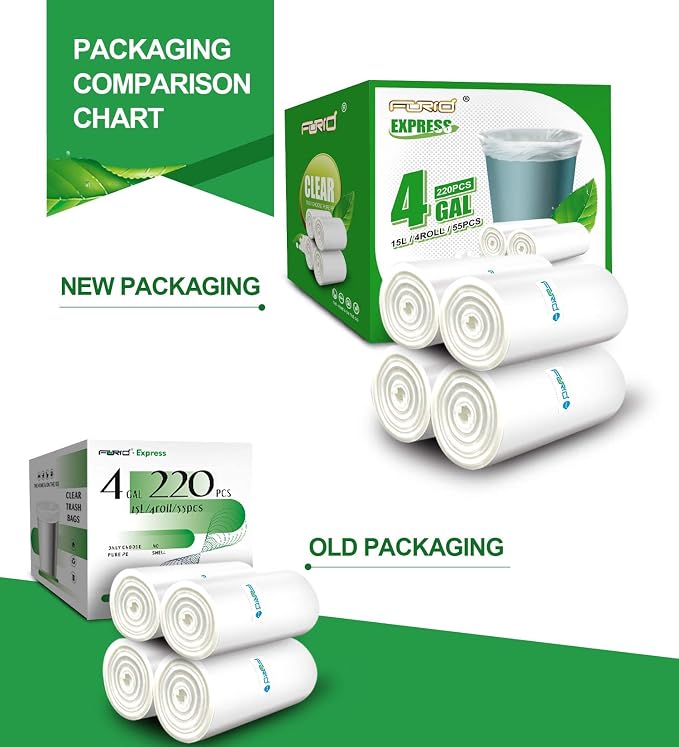 FORID Clear Small Trash Bags, 4 Gallon Garbage Bags, Wastebasket Bin Liners 330 Count Plastic Trash Bags for Bathroom Bedroom Office Trash Can 15 Liters - Durable & Thick Trash Bag