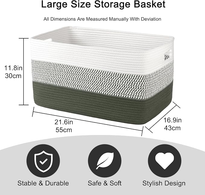 OIAHOMY Blanket Basket Laundry Basket Dog Toy Basket 75L Green/White | Large Storage Basket,Baby Basket,Toy Storage,Woven Rope Basket for Blankets,Blanket Storage for Living Room