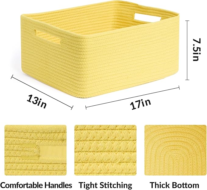 MiniArk Large Storage Baskets for Shelves, 17 x 13 x 7.5” Closet Organizers Bins for Clothes Blanket Towels, Baby Nursery, Toy Baskets Box, Woven Rope Baskets, 2 Packs Yellow