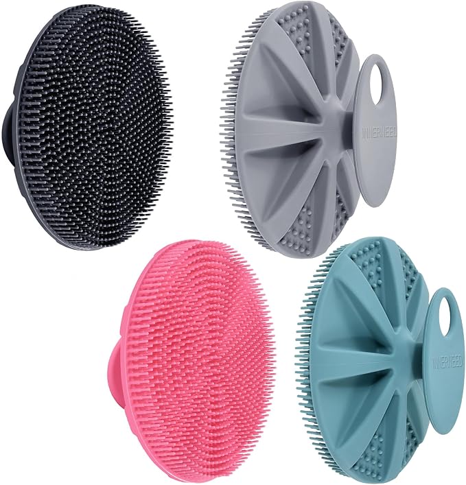 INNERNEED Food-Grade Soft Silicone Body Scrubber Shower Brush, Pack of 4 | Handheld Cleansing Skin Brush, Gentle Exfoliating and Lather Well, Hygienic Bath Scrub for Women, Men