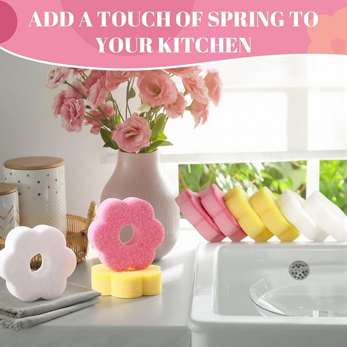 Tioncy 12 Pack Pink Flowers Sponges Sweet Flower Dual Sided Non Scratch | Reusable for Dishwashing Cookware Pot Pan, Cute Kitchen Cleaning Accessories, Non Scratch Bulk Household Supplies