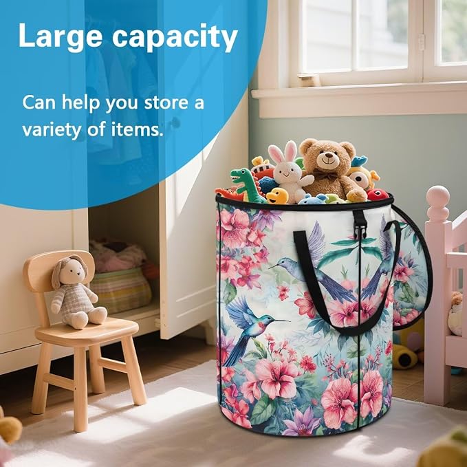 Hibiscus Floral Hummingbird Collapsible Camping Trash Can with Lid and Handles 24 Gallon Garbage Can Reusable Outdoor Trash Garden Leaf Bin Recycling Waster Bags