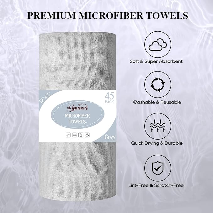 Microfiber Cleaning Cloth Roll 90 Pack, 12"×12", Tear Away, Blue & Grey | Tear Away, Reusable, Highly Absorbent, Lint Free,Washable, All-Purpose for Kitchen, Window, Car, Shop