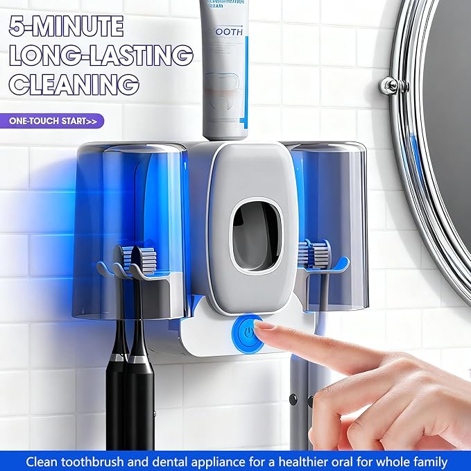 Rechargeable Toothbrush Holder,Wall Mounted Automatic Toothbrush Cleaning Tool with Toothpaste Dispenser & 2 Cups, No Drilling Bathroom Organizer for Family (White)