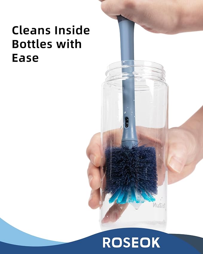 ROSEOK 2 in 1 Bottle Brush with Straw Cleaner Brush, Water Bottle Brush | For Cleaning Glass, Sports Bottle, Coffee Mug, Cup Cleaner, Grayish Blue, 1 Pack