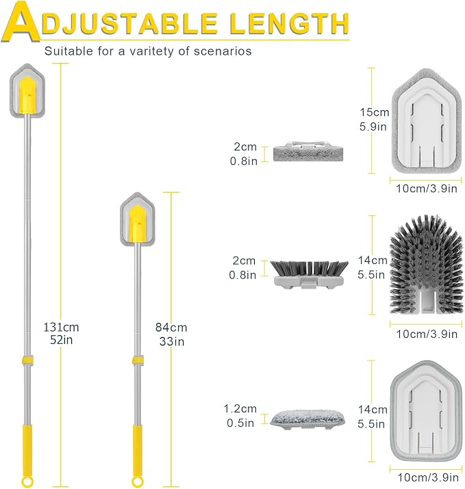 Lalafancy Baseboard Cleaner Tool with Handle 3 Reusable Cleaning Brush Pads | 52" Shower Wall Cleaner Scrubber Baseboard Duster for Bathroom Wall Floor Skirting Bathtub Window Scrubbing