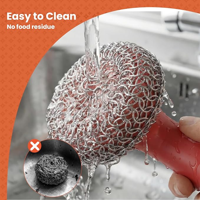 Cast Iron Scrubber with Long Handle Dish Scouring Pad Chainmail Cleaner | 316 Cast Iron Scrubber for Pan Skillet, Dishwasher Safe Cleaning Kit (Red, 1 Scrubber + 1 Scraper)