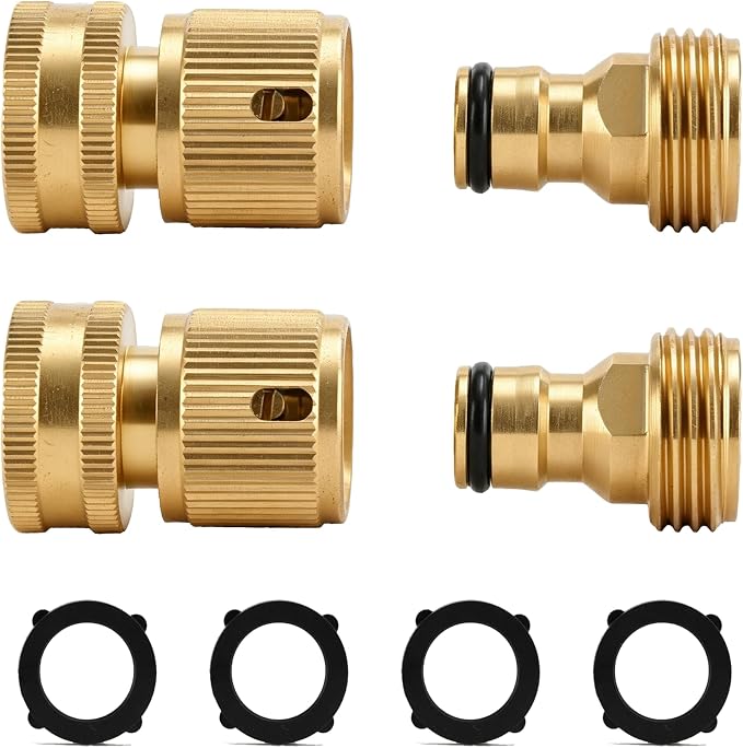 BIGWAVE Garden Hose Quick Connect, Solid Brass Quick Connector for 3/4 inch GHT Garden Hose Fitting Water Hose Connectors (2SETS)