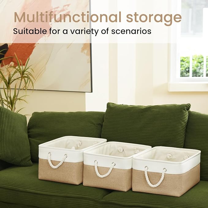 15.7x11.8x8.26 Inch Fabric Large Storage Bins with Handles 3 Pack | Foldable, Sturdy Metal Strand, Cardboard Support Molding, Fabric Storage Baskets for Shelves, Closet, Bedroom, White/Khaki