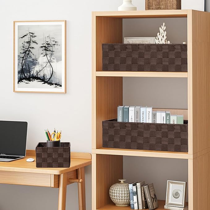 Set of 7 Nested Woven Cube Baskets, Drawer Organizers in Multi-sizes | Ribbon Checker Storage Bins for Organizing Desk, Dresser, Kitchen, Pantry