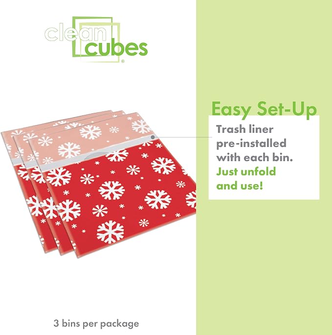Clean Cubes 13 Gallon Disposable Pop-Up Trash Cans, 3-Pack (Snowflake) | Extra Trash Space for Parties and Events, No Assembly Required, Built-In Liner, Wire-Reinforced Opening Stays Fully Open