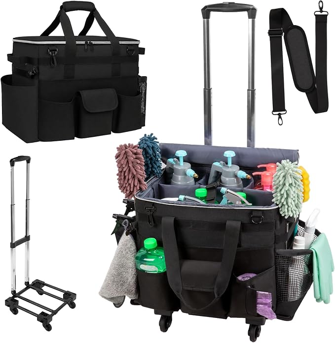 Large Rolling Cleaning Caddy with Wheels, Cleaning Supplies Organizer | With Detachable Trolley, Water-resistant Cleaner Cart for Housekeepers, Multi Pocket Cleaning Cart with Strap, Black