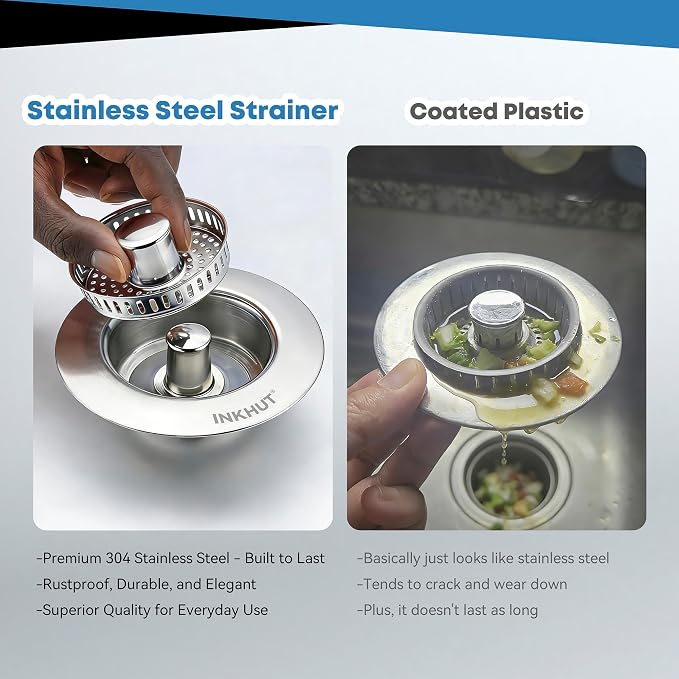 Upgraded 3 in 1 Kitchen Sink Drain Strainer (Silver-2Pack) | Stainless Steel Sink Stopper, Anti-Clogging Food Catcher Basket, Bounce Core Drain Strainer Plug for 3 1/2 inch Drain