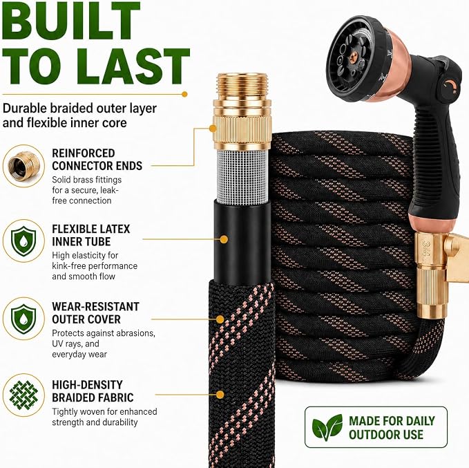Flexible Garden Hose 100ft,Ultra Lightweight Water Hoses,Leak-Proof,Sturdy | Anti-burst Fabric with 10 Function Sprayer and 3/4" Solid Brass Fittings,Kink-Free&expandable,hose for Yard,Lawn,Outdoor