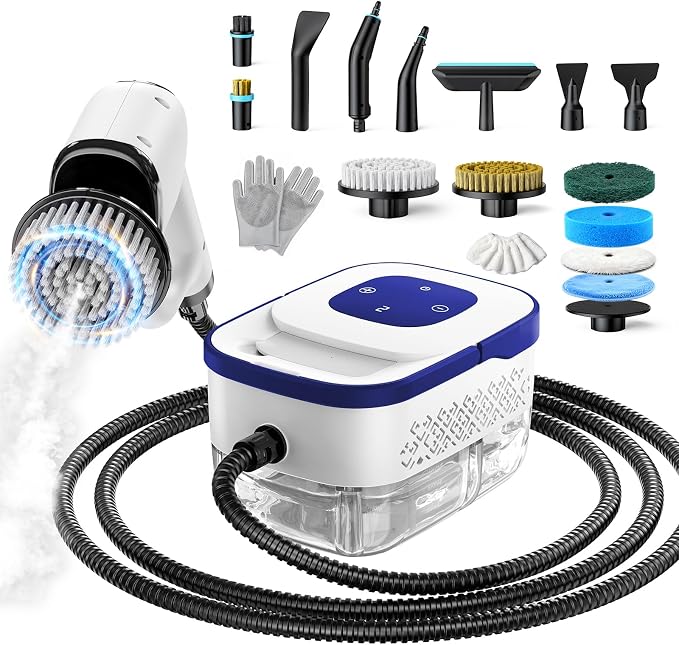 Steam Cleaner, Electric Spin Scrubber Portable Steamer for Cleaning | 16pc Accessories, 6-Level Adjustable 15s Heat-Up, Handheld Steam Cleaner for Home, Tile, Dirt, Grout, Grease, Car Detailing