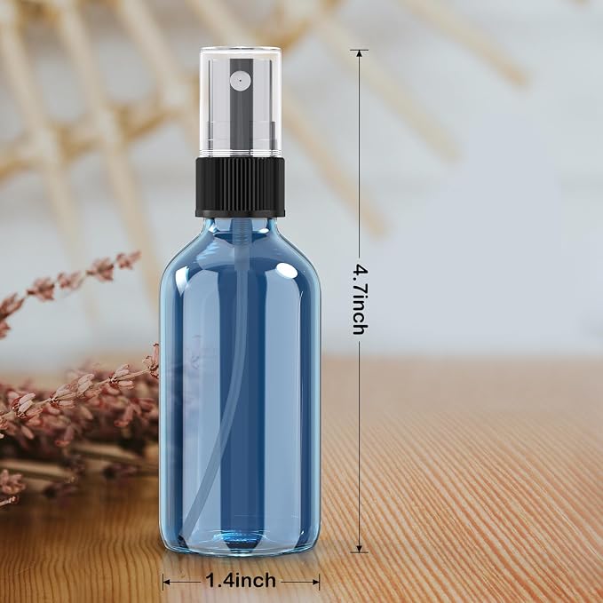 2 oz Mini Glass Spray Bottles, Empty Small Spray Bottles with Funnel Dropper, Fine Mist for Hair, Travel, Plants, Cleaning Solutions and Skin Care (4 Pack Indigo Blue)