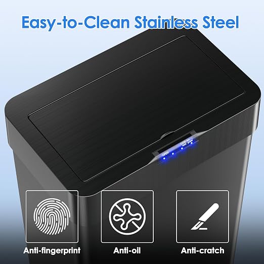 Sensor Trash Can, Touchless Motion Sensor Trash Bin | Smart Automatic Garbage Can with Soft-Close Lid, Bag Retainer Ring and Display Light, for Kitchen, Office (Black, 13.2 Gal)