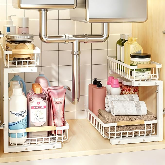 REALINN Under Sink Organizer, White 2 Pack Height Adjustable | 2 Tier Pull Out Drawer, Under Sink Organizers and Storage, Cabinet Storage for Kitchen Bathroom