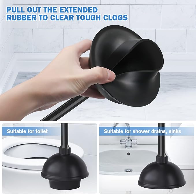Toilet Plunger and Brush, Bowl Brush and Heavy Duty Toilet Plunger Set with Ventilated Holder, 2-in-1 Bathroom Cleaning Combo with Modern Caddy Stand for 5.7-inch Toilet Drain(Black, 2 Set)