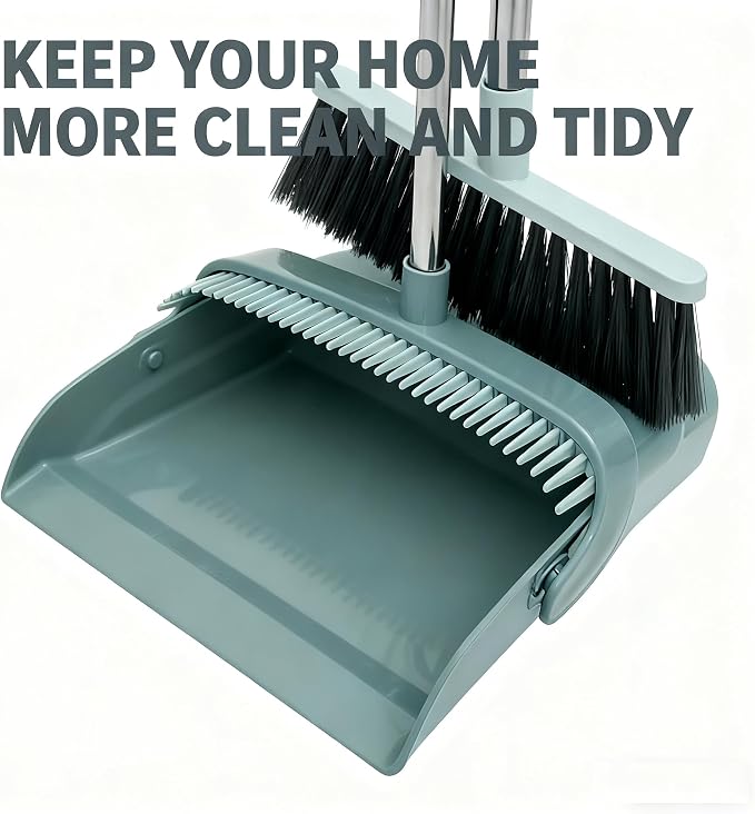 Upgrade Broom and Dustpan Combo Set - 3 Row Bristles & Extended Handles for No Bending, Self-Cleaning Dustpan Teeth, Stand-Up Storage, Indoor & Outdoor Sweeping (Bean Green)
