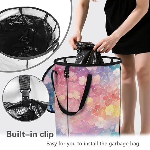 Watercolor Flower Pop up Camping Trash can with lid Collapsible 24 Gallons Trash can with Sorting Clips,Garden Garbage Bag with Lid,Lawn and Leaf Bags - Reusable Yard Waste Bags