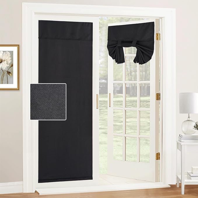 RYB HOME French Door Curtains for Patio Sliding Glass Door, Window Covering | Farmhouse Home Decor, Adhesive No Drill, Faux Linen, Room Darkening, Privacy Window Blinds, Tie Up, W26 x L69, Black, 1 Panel