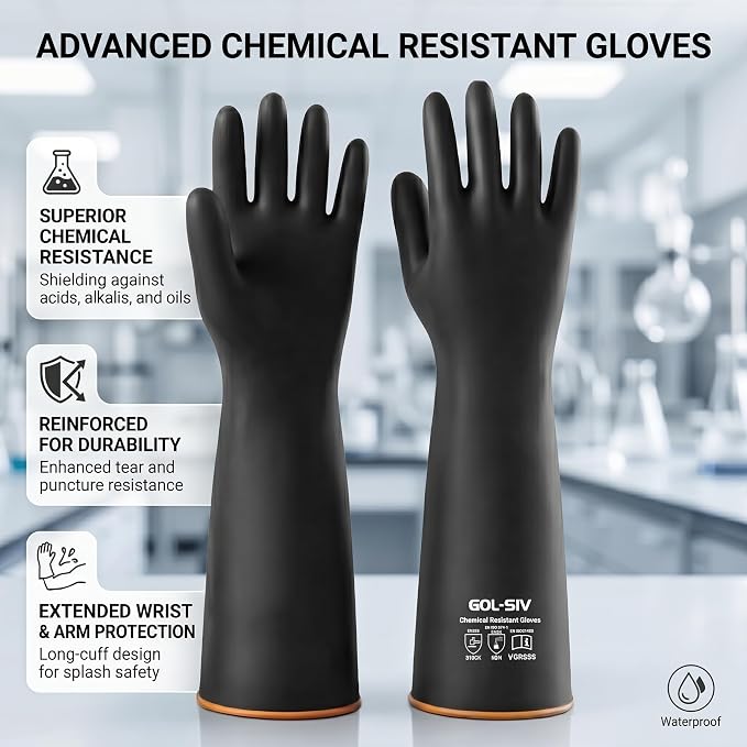 Heavy Duty Latex Gloves, Chemical Resistant Work Gloves - Waterproof, Resist Acid, Oil, Alkali - Extra Long Industrial Rubber Safety Glove for Sandblasting & Deep Tank, 22in, 6 Pairs