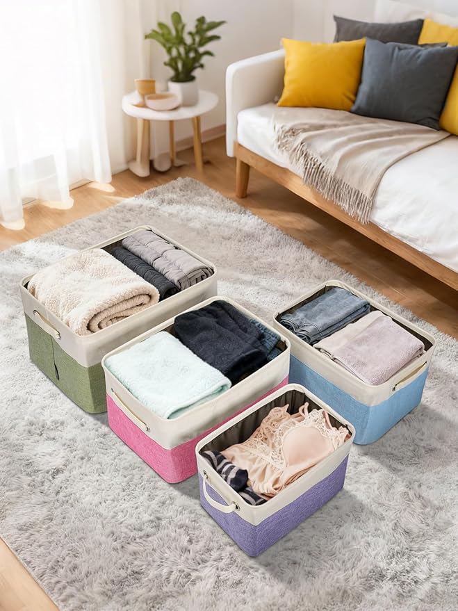 BALEINE 3 Pack Fabric Closet Storage Bins for Shelves, Linen Closet Organizers and Storage, Decorative Baskets for Organizing, Shelf, Clothes, Home, Office (Green, 15''x11''x9.5'')