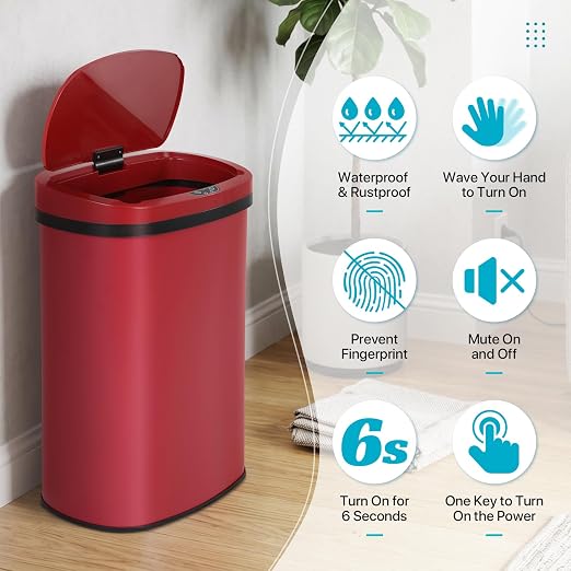 BLKMTY 13-Gallon Stainless Steel Trash Can with Lid, Red, 50L | 50 Liters Garbage Can, Touchfree Motion Sensor Garbage Bin, Tall Automatic, For Home Office Bathroom