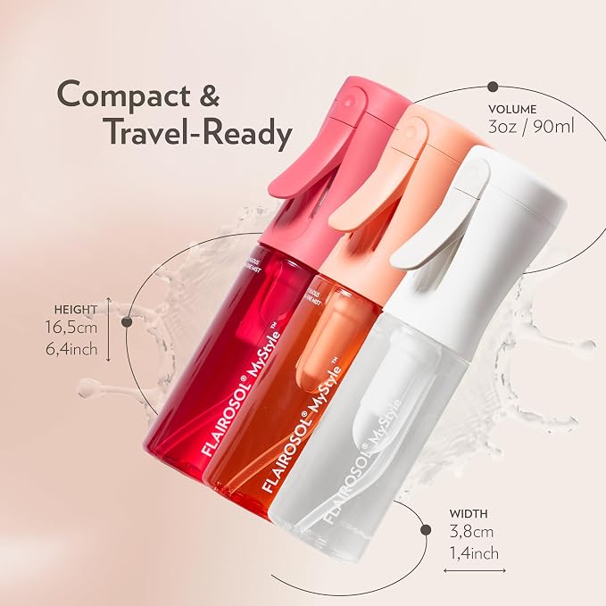 FLAIROSOL MyStyle Travel Continuous Spray Bottle, 3 Pack, 3.04oz/90ml | Ultra fine continuous mist for face, hairstyling, salon, cleaning, beauty, toners, hydration & makeup
