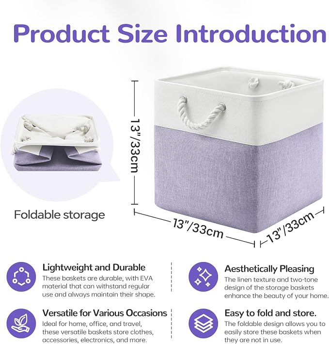 13x13 Inch Foldable Fabric Cube Storage Bins with Handles 6 Pack | Sturdy Metal Strand, Cardboard Support Molding, Storage Basket, Cube Storage Bin for Shelves, Closet, Bedroom, White/Purple