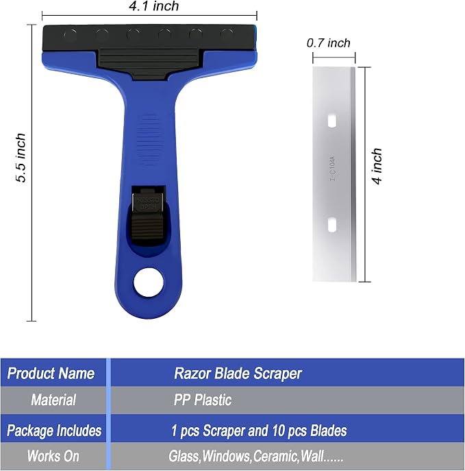 4" Razor Blade Scraper Tool with 10PCS Blades for Cleaning | Scraper Tool for Cleaning Window, Glass, Tile, Floor, Sticker Remover for Wallpaper, Paint, Caulk, Adhesive, Tint, Decal