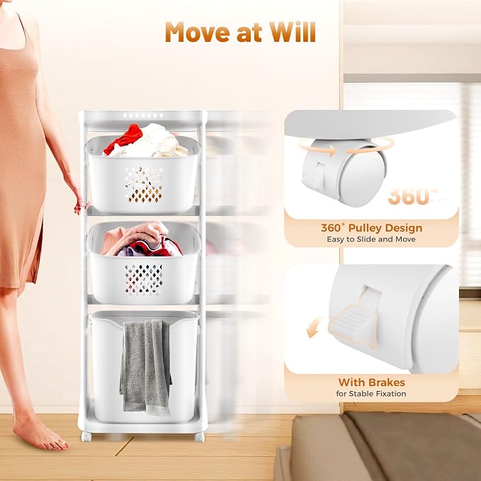 3 Tiers Rolling Laundry Hamper Cart, Laundry Baskets with Wheels, Clothes Washing Storage Basket for Kitchens, Bathrooms, Bedrooms, Laundry Rooms