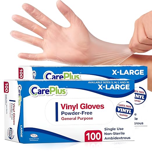 CARE PLUS Vinyl Gloves Clear X-Large, Disposable Latex Free, 200 Count | Powder free exam grade protection for food service, salons & housekeeping; ambidextrous, tear resistant, comfortable fit