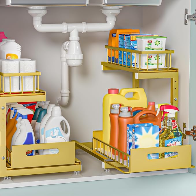Saydear 2-Pack L-Shaped Under Sink Organizer, 2-Tier Pull-out Cabinet Rack | Gold Height-Adjustable Metal Rack, Sliding Grid Drawers with Safety Stopper, Holds 100 Lbs, Ideal Kitchen Cabinet Storage