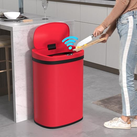 50L/13 Gallon Automatic Trash Can Garbage Can, Large Stainless Steel Kitchen Trash Can Motion Sensor Garbage Can Touchless Trash Bin with Lid for Kitchen Home Office, Soft Close Lid (Red)