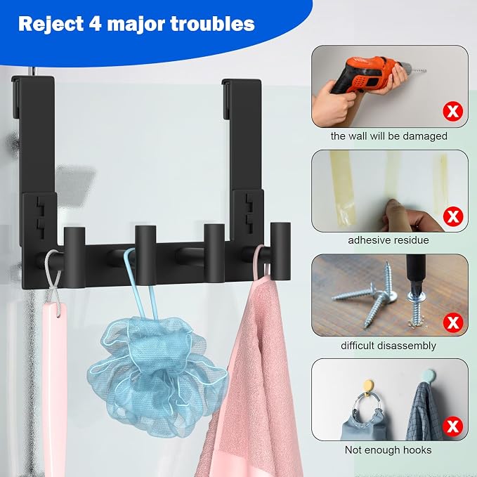 PMMASTO Black Extra-Long Shower Door Hanger, 4 T-Hooks, Fits 3/8-Inch Glass | Extra-Long Heavy-Duty Stainless Steel, 4 T-Shaped Hooks, for Bathrobes and Towels on Frameless Glass Shower Doors