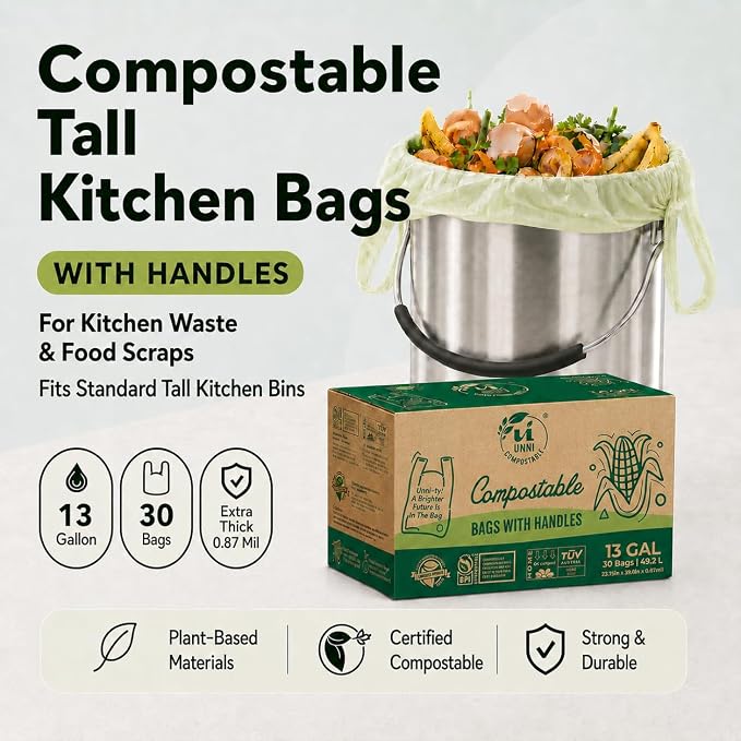 UNNI 13 Gallon Compostable Bags with Easy-Tie Handles, 49.2 Liter, 60 Count | Tall Kitchen Compost Bags with a Wide Opening for Pull-Out Bins, 2 Packs of 30, Certified by BPI, CMA & OK compost HOME