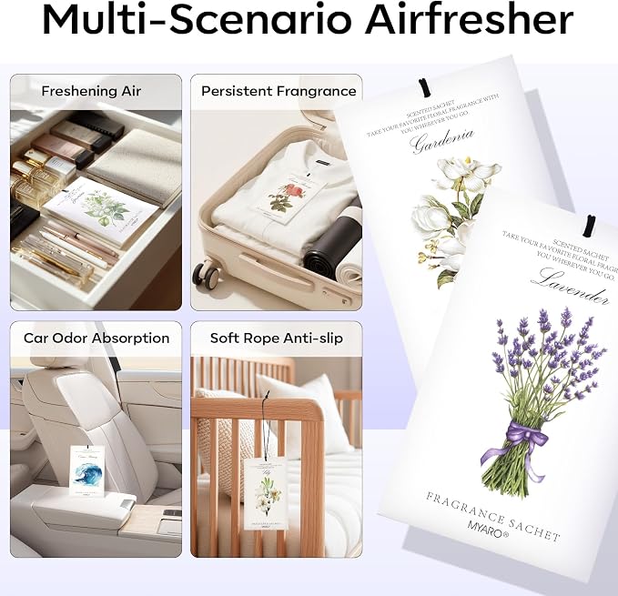 MYARO 12 Pack Assorted Floral Scented Sachets, Closet Deodorizer Freshener | Multi-Scent Lavender, Rose, Jasmine, Ocean, Gardenia & Lily, Odor Eliminator for Closet, Drawer, Car, Home Fragrance Gift Set