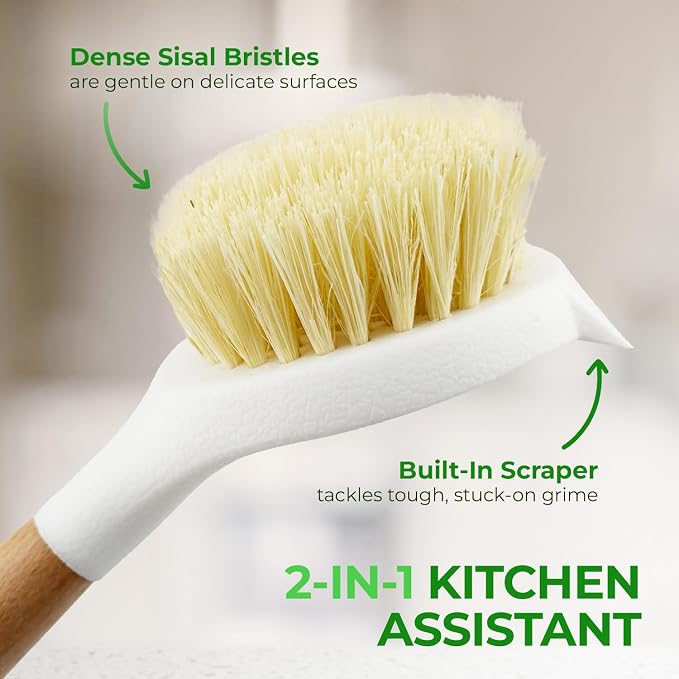 Wooden Dish Brush Set of 2 - Dish Brush with Handle Made of Wood & Sisal Bristles, Non Scratch Kitchen Scrub Brush for Dishes, Pots & Pans, Dish Scrubber with Plastic Free Bristles