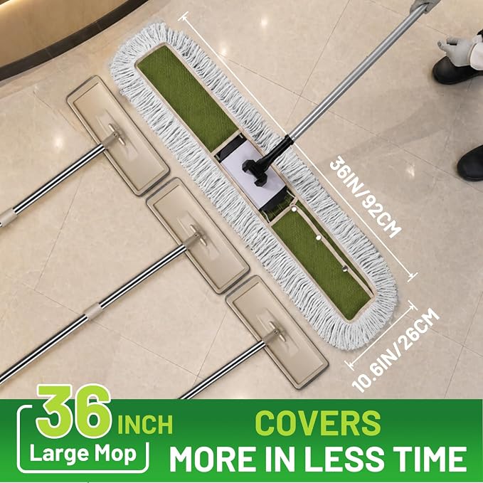 36" Commercial Dust Mop for Janitor: Dust Broom for Hardwood Floor Cleaning | 2 Large Heavy Duty Pads, Industrial-Grade Durability, 360° Swivel, Wet/Dry Use, for Gym, Warehouse, Garage, Shop, Concrete