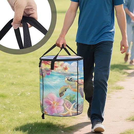 Floral Turtle 24 Gallons Collapsible Camping Trash Can with Lid Waterproof Pop Up Garbage Can for Outdoor Large Capacity Reusable Trash Bin for Yard Lawn Garden Garbage Bag