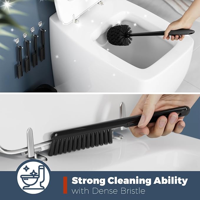 Holaloha Toilet Brush and Holder Set, Space Saving, 4 Pack, Black | Bathroom Accessories, Ergonomic Silicone Handle, Dense Bristles, Deep Cleaning, with 4 Crevice Brushes, Compact Design