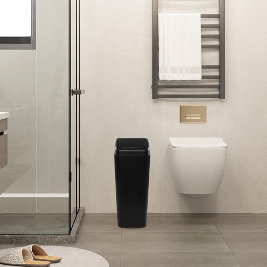 Plastic Trash Bin with Lid, Slim Trash Can, 3.5 Gallon, Black | Slim Garage Can with Swing Top Lid, 12 L Capacity, for Bedroom, Restroom, Bathroom