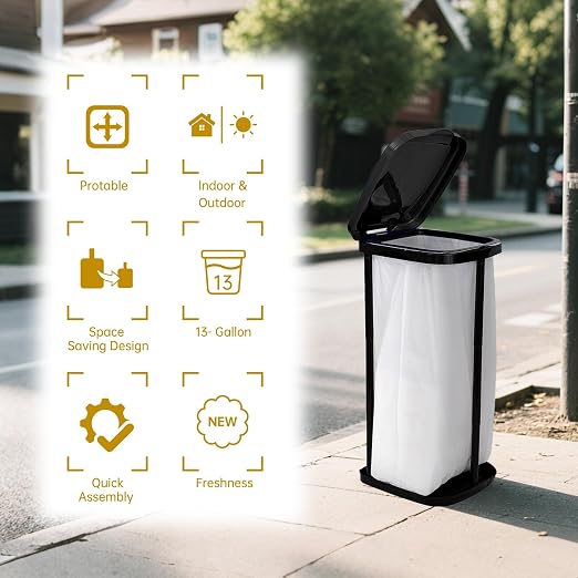 Portable Trash Bag Holder Collapsible Trash Can with Lid, Trash Can for Outdoor Indoor Camping, Kitchen, Party, 15 Gallon Trash Bag Stand