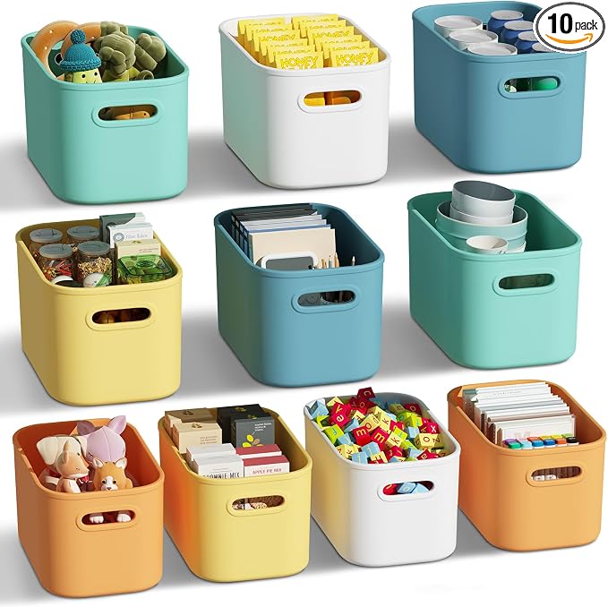 ORGIDOL 10 Pack Colorful Plastic Storage Bins, Storage Container for Organizing, Colored Storage Boxes with Handle for Shelves, Cute Organizer Bins for Craft, Snacks, Cabinet, 9.69x6.7x5.7 inch
