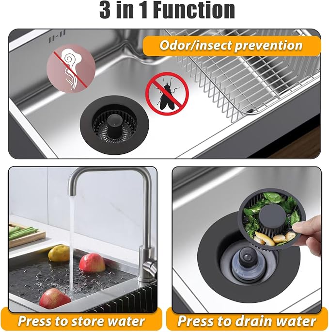 Anlige Kitchen Sink Drain Strainer, 3 in 1 Pop Up Kitchen Sink Stopper | with An Extra Basket Strainer, Universal for US Standard 3-1/2 Inch, Black