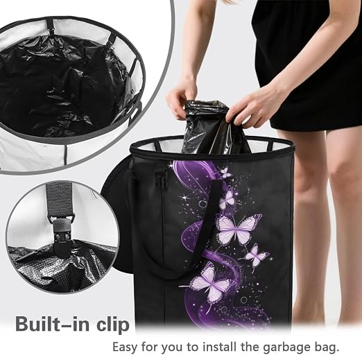 BIGCARJOB Bling Butterfly Collapsible Trash Can Camping Gargabe Bin Tall Trash Can Large Capacity Pop Up Garden Bag for Travelers Camper Trailer, 22.83x17.71 in