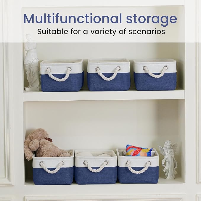 11.8x7.9x5.2 Inch Fabric Small Storage Bins with Handles 6 Pack | Foldable Storage Basket, Sturdy Metal Strand, Cardboard Support Molding, Small Baskets for Organizing, Shelves, White/Blue