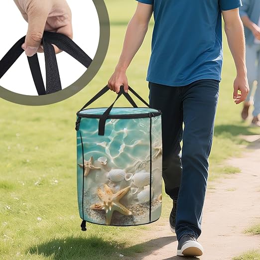 Beach Starfish Shell Pop up Outdoor Garbage Can 24 Gallon Collapsible Camping Trash Can with Zipper Lid Reusable Heavy-Duty Polyester Trash Bin for Campsites Boat Backyard Parties